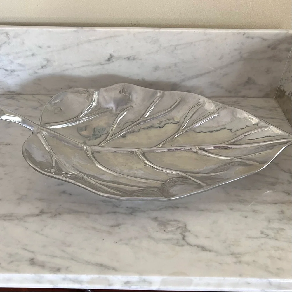 Large Pewter Leaf-Shaped Footed Decorative Tray Platter Approximately 24” x 13”